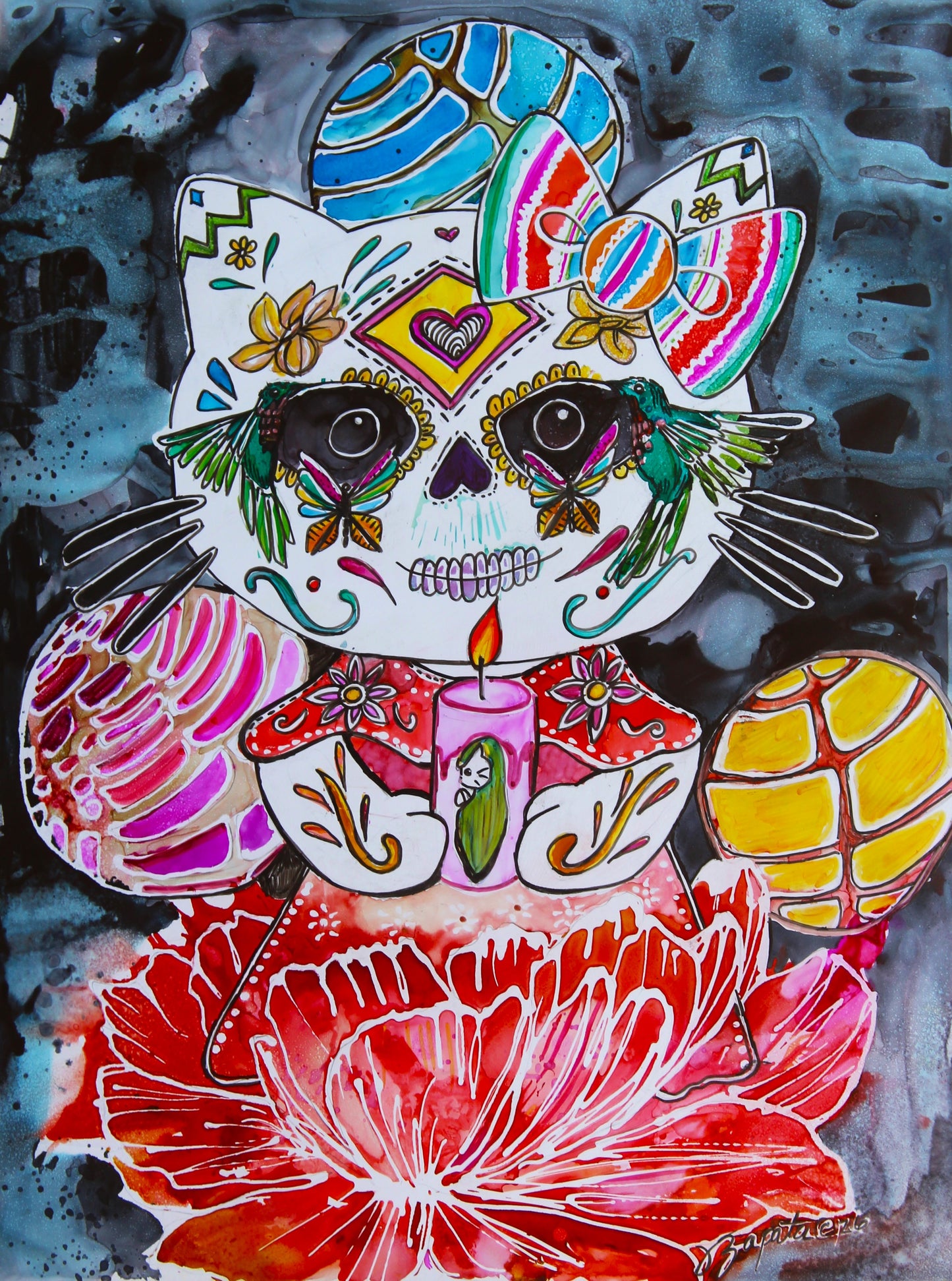 Colorful hello kitty sugar skull with floral patterns and a candle on a textured blue background