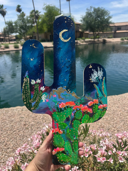 Golden Mountain and Blue Skies Wood Cactus - Zapata Fine Art