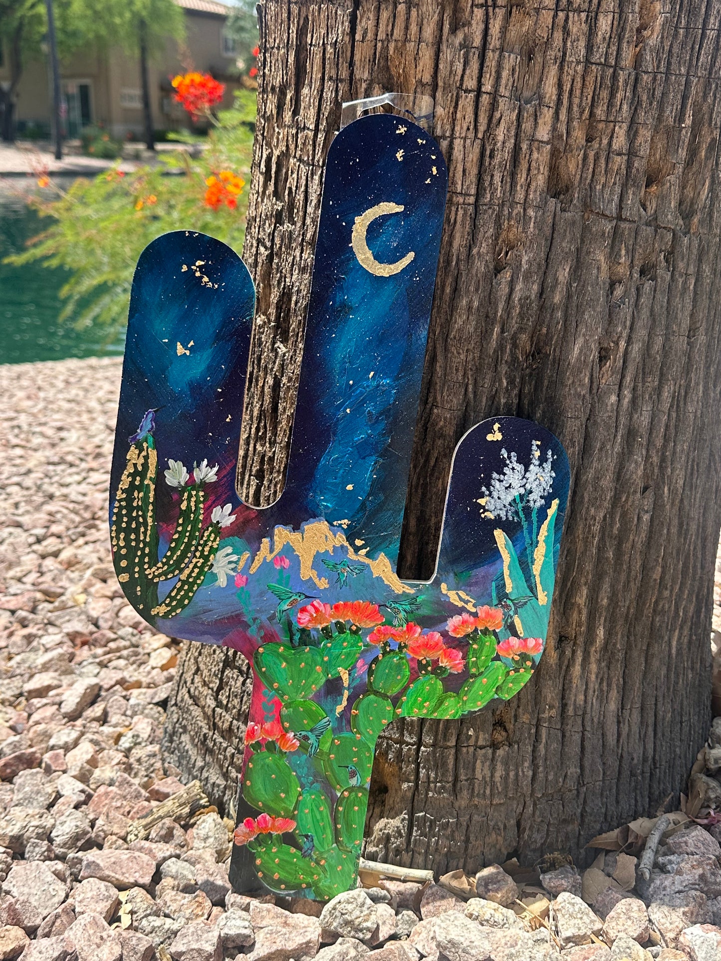 Golden Mountain and Blue Skies Wood Cactus - Zapata Fine Art