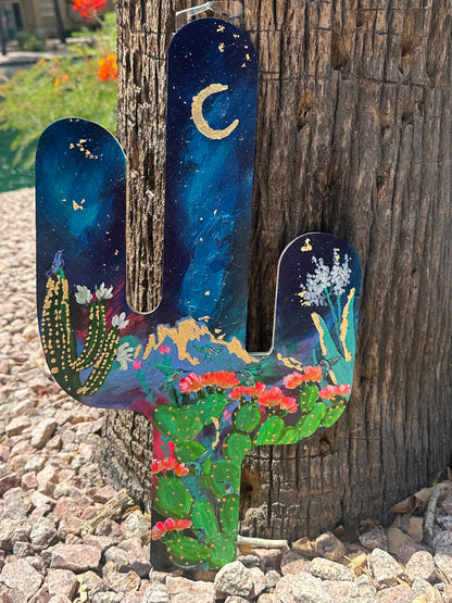 Golden Mountain and Blue Skies Wood Cactus - Zapata Fine Art
