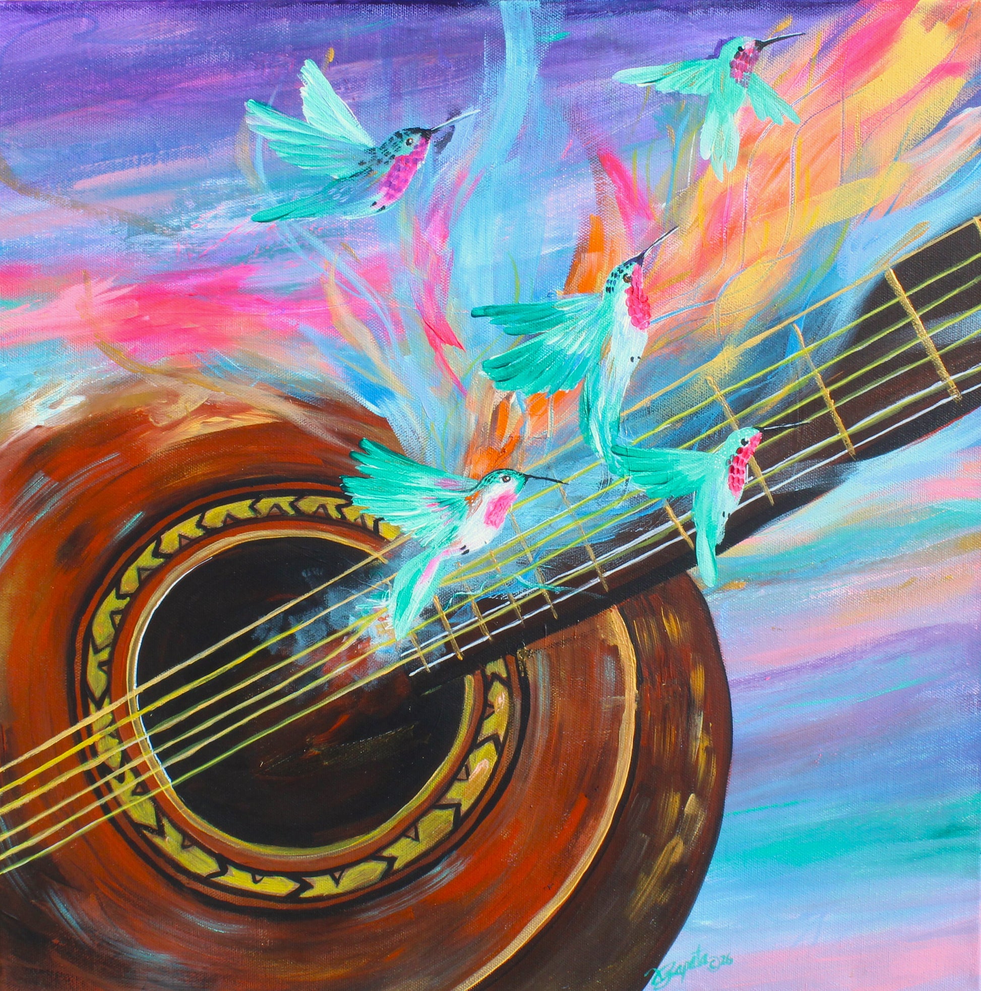 Colorful painting of a guitar with hummingbirds on a multicolored background