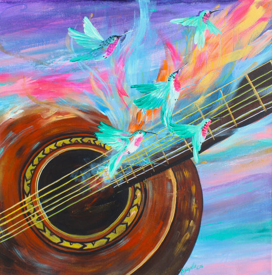 Colorful painting of a guitar with hummingbirds on a multicolored background