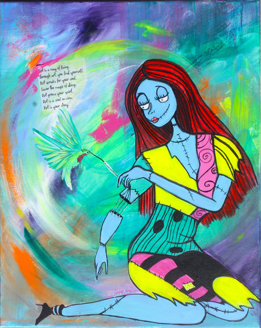 Colorful artwork of a character with red hair and a colorful outfit holding a bird.